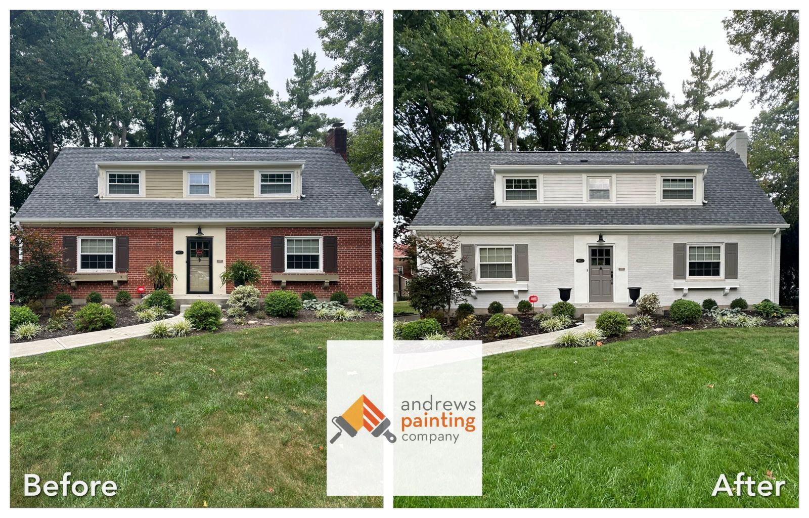 Original before-and-after exterior project photograph, showing red brick and tan siding transformed to a light exterior. Original company logo retained.
